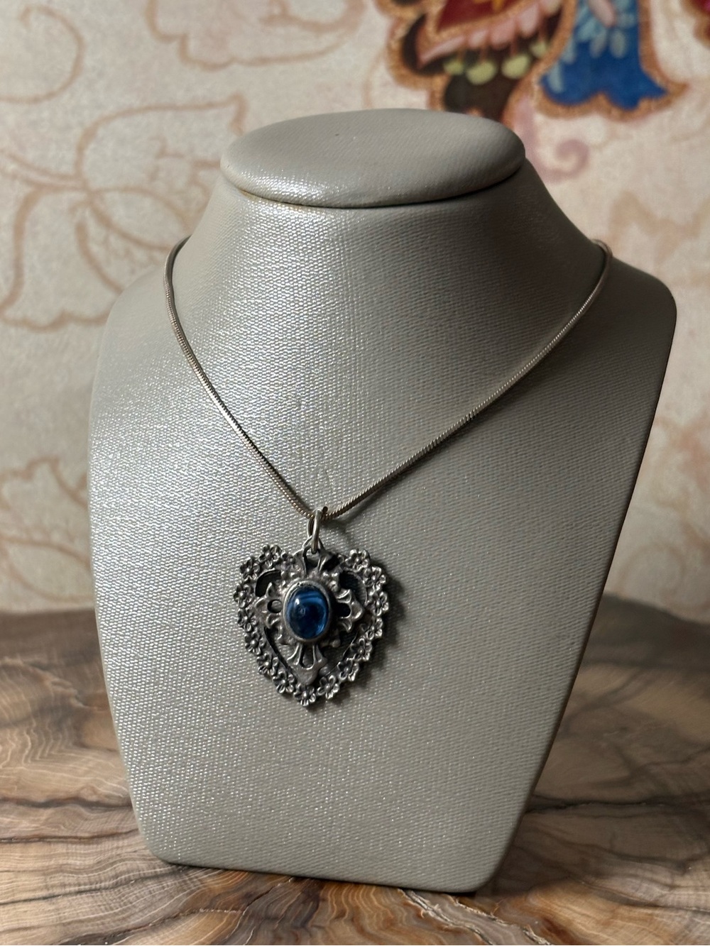 Silver Heart Filigree Vintage Inspired Pendant with Blue Enamel Cabochon